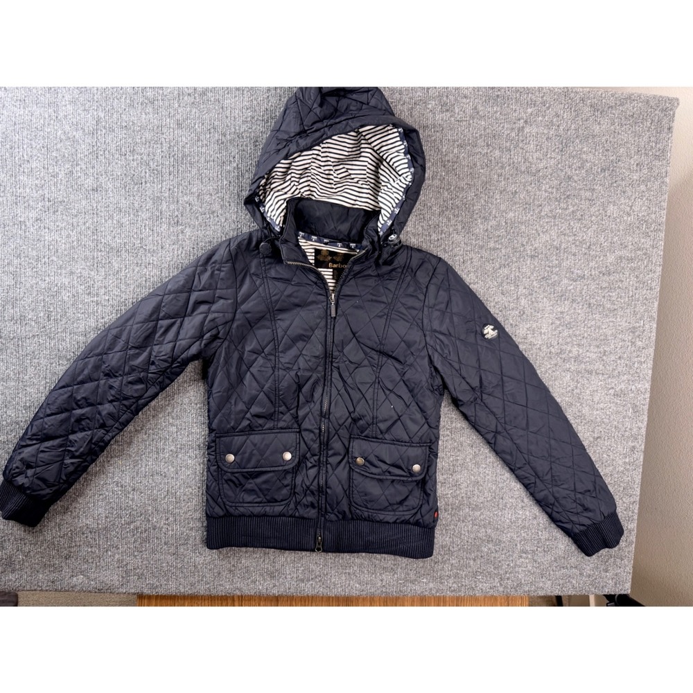 Barbour Quilted Jacket Womens 6 Navy Blue Hooded Zip Up Puffer Coat Striped Lini